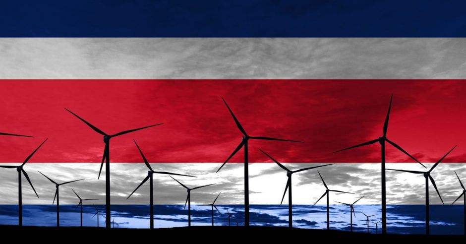 parque eólico de fondo bandera de Costa Rica, descarbonización