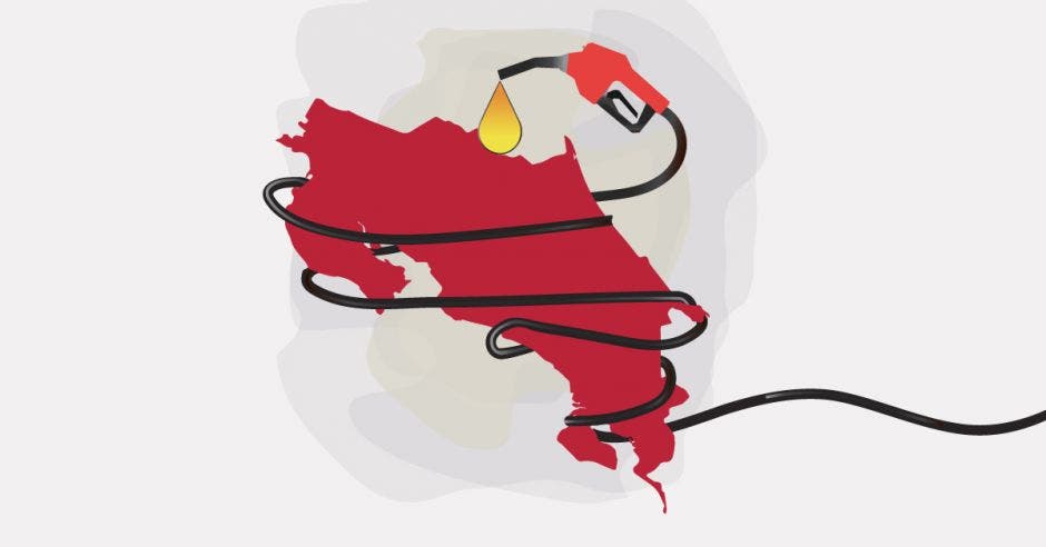 Un mapa de Costa Rica en rojo con un dispensador de gasolina cubriéndolo