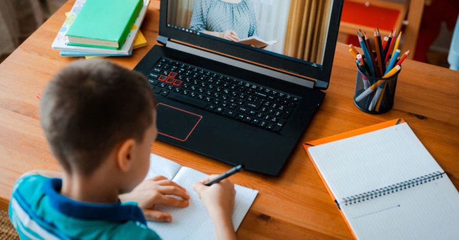 Niño estudiando en computadora