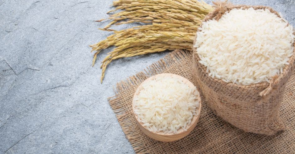 Granos arroz en recipientes y espigas alrededor