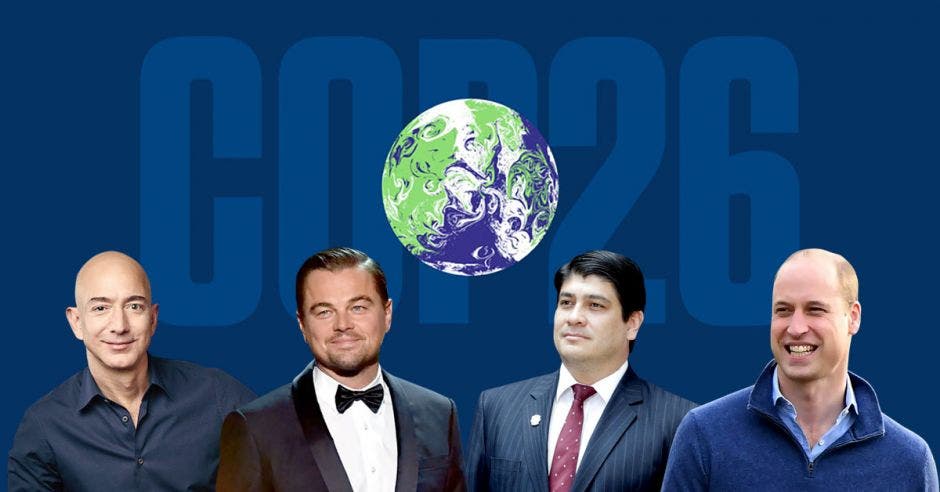 Jeff Bezos, fundador de Amazon, Leonardo DiCaprio, actor, Carlos Alvarado, presidente de Costa Rica y el Príncipe William, han elogiado los programas de Costa Rica para cuidar el ambiente. Elaboración propia/La República.