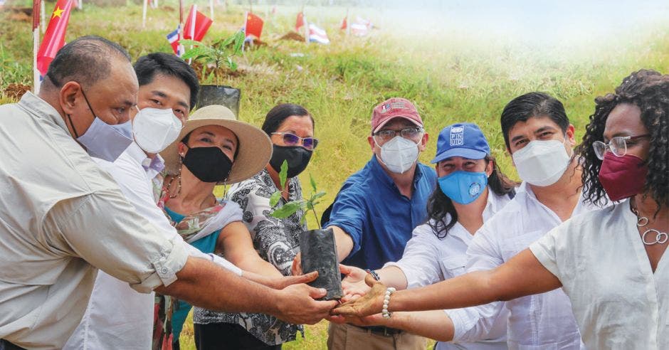 El presidente Carlos Alvarado, el embajador Tang Heng, la ministra de Educación, Giselle Cruz; la ministra de Ambiente, Andrea Meza Murillo, entre otros, ayudaron a sembrar las primeras especies del Bosque de la Amistad entre China y Costa Rica