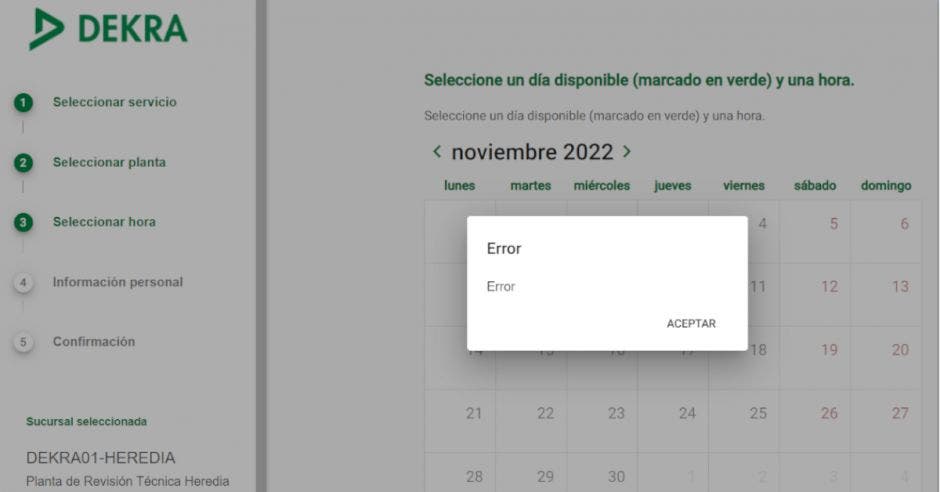 viernes inicio atención público empresa dekra designada gobierno realizar inspección técnica vehicular empresa origen alemán habilitó sitio web gestión de citas acceso plataforma inconvenientes ralentización error única sucursal habilitada barreal de heredia