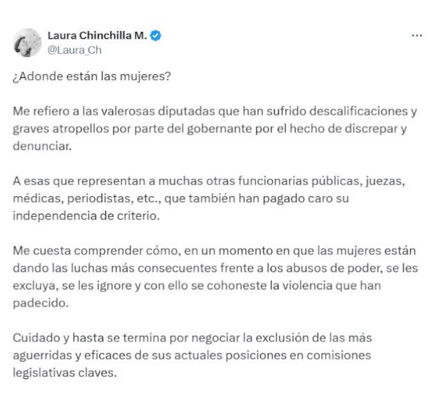 expresidenta República Laura Chinchilla cuestionó falta representación femenina reunión mantuvo Presidente Rodrigo Chaves representantes bancadas Unidad Liberal Progresista Nueva República